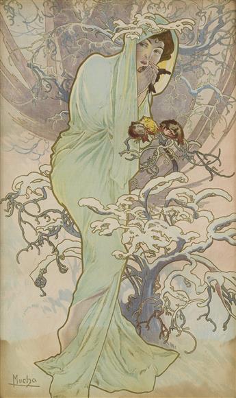 ALPHONSE MUCHA (1860-1939). [THE SEASONS.] Group of 4 decorative panels on fabric. 1896. Each 35x21 inches, 89x53 cm.
